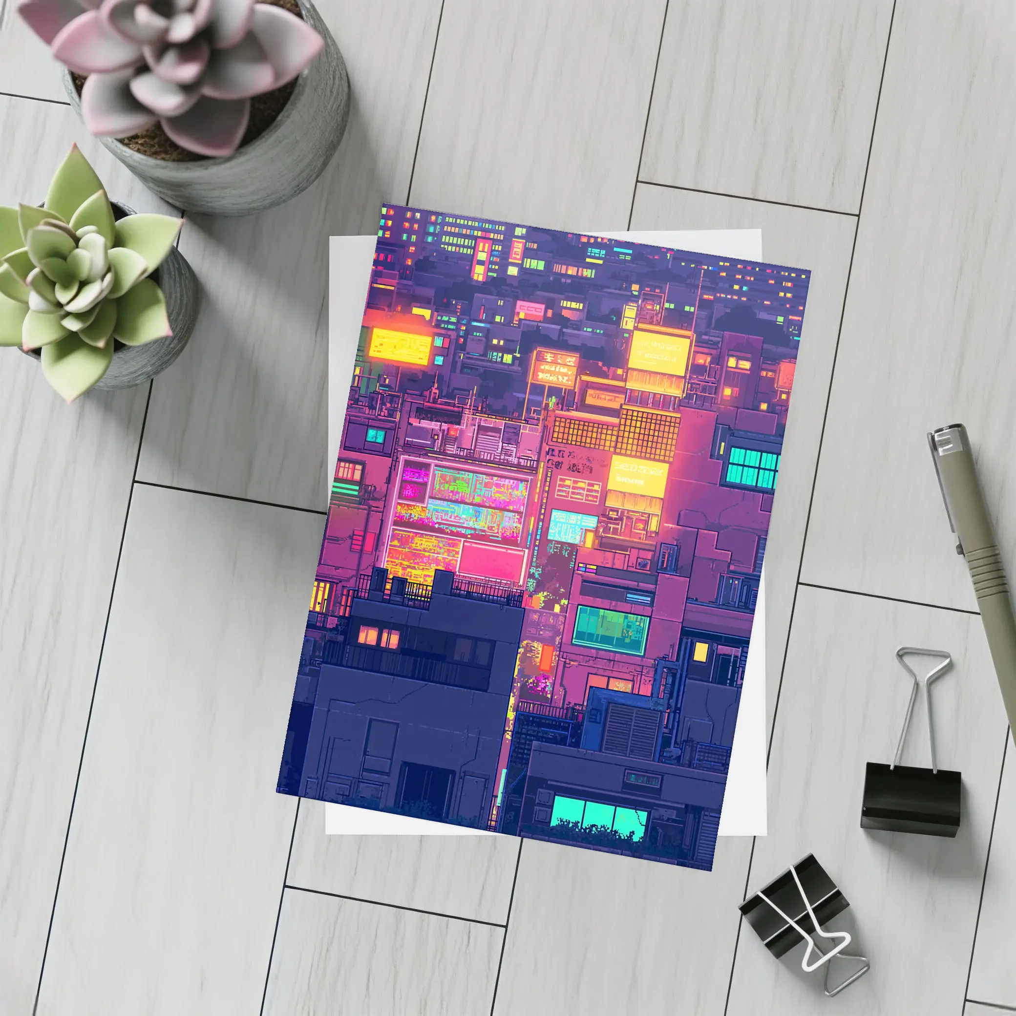 Pixel Art Neon City Night Skyline – Postcards