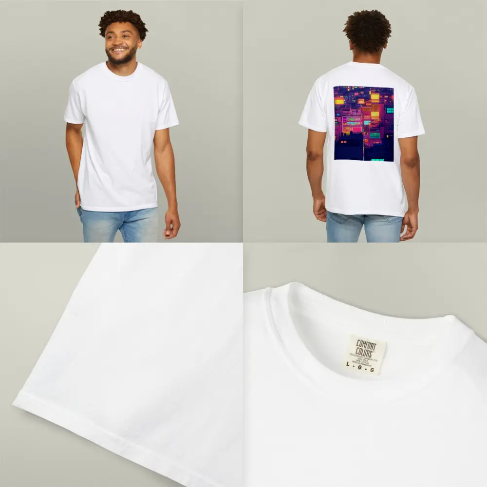 Pixel Art Neon City Night Skyline – T-Shirts