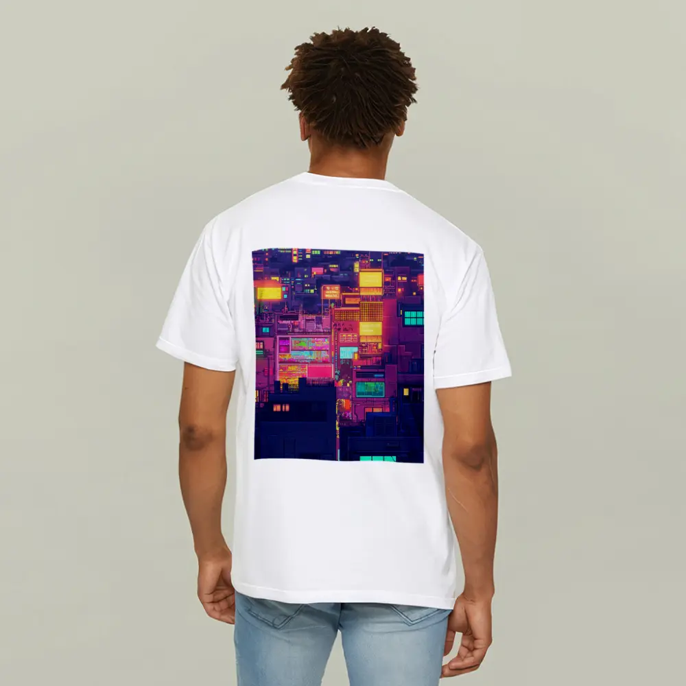 Pixel Art Neon City Night Skyline – T-Shirts