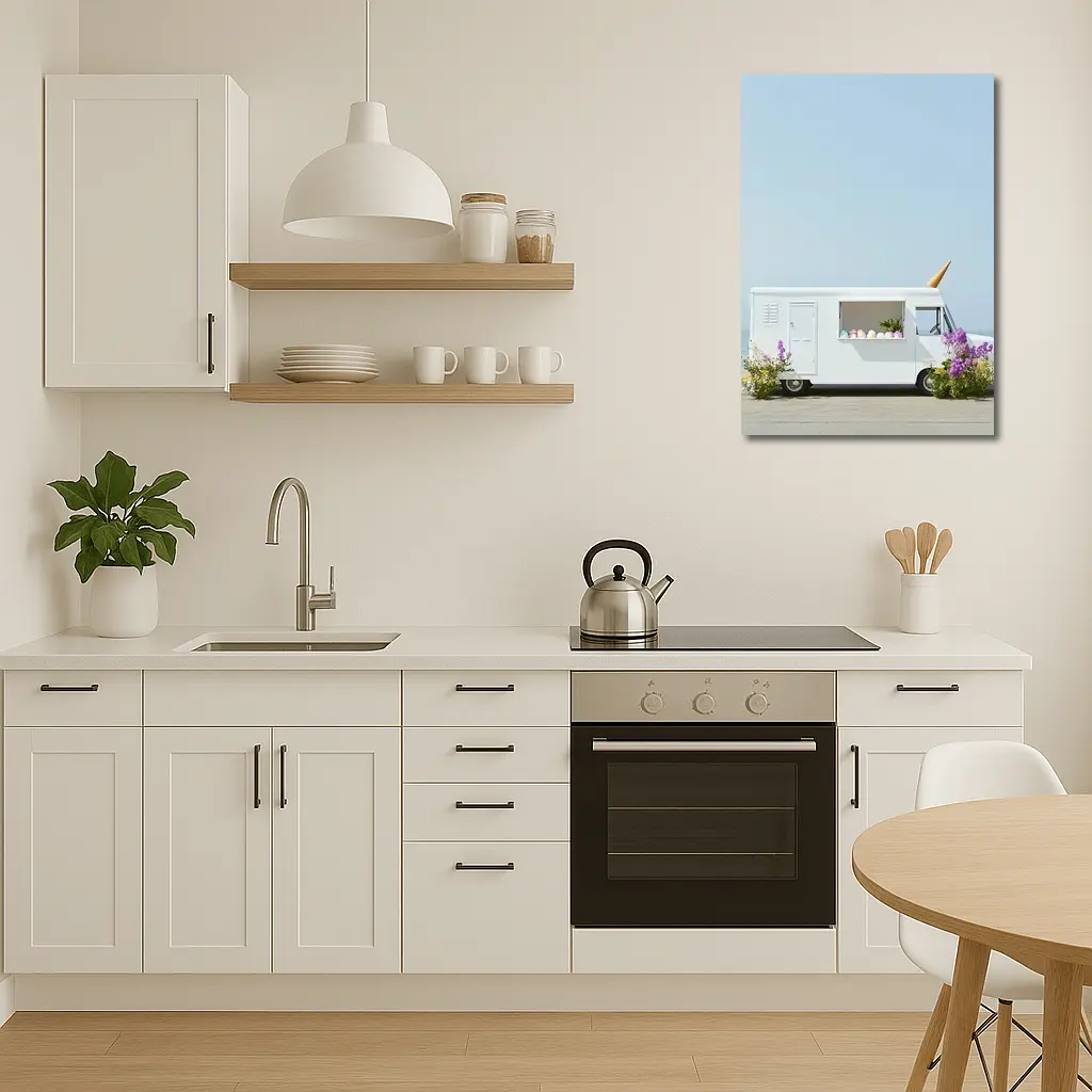 White Ice Cream Truck Beside Ocean Shore – Wall Art
