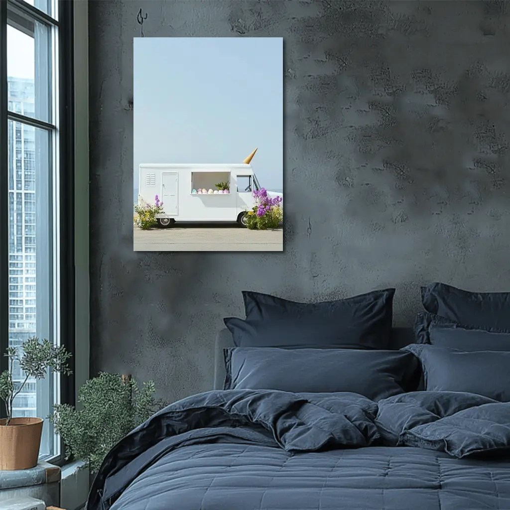 White Ice Cream Truck Beside Ocean Shore – Wall Art