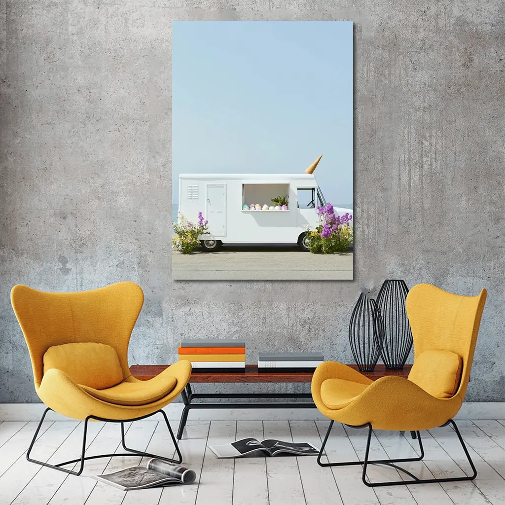 White Ice Cream Truck Beside Ocean Shore – Wall Art