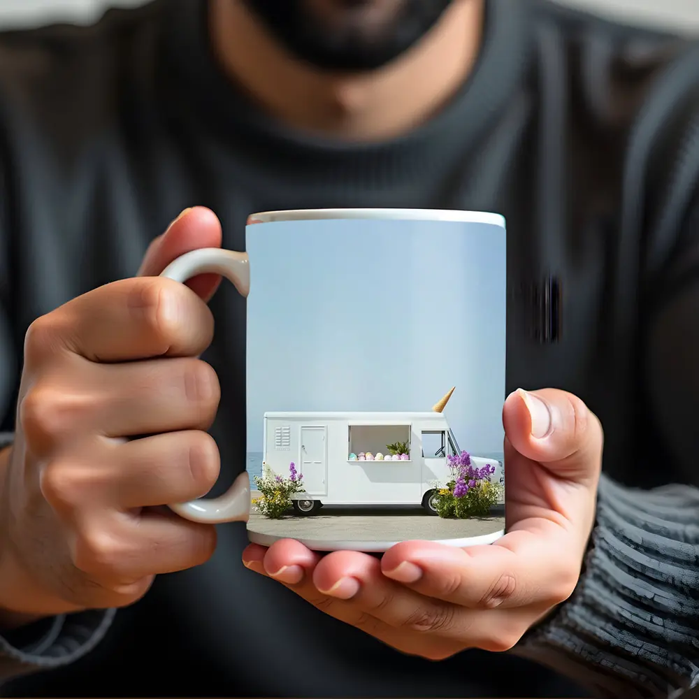 White Ice Cream Truck Beside Ocean Shore – Mugs