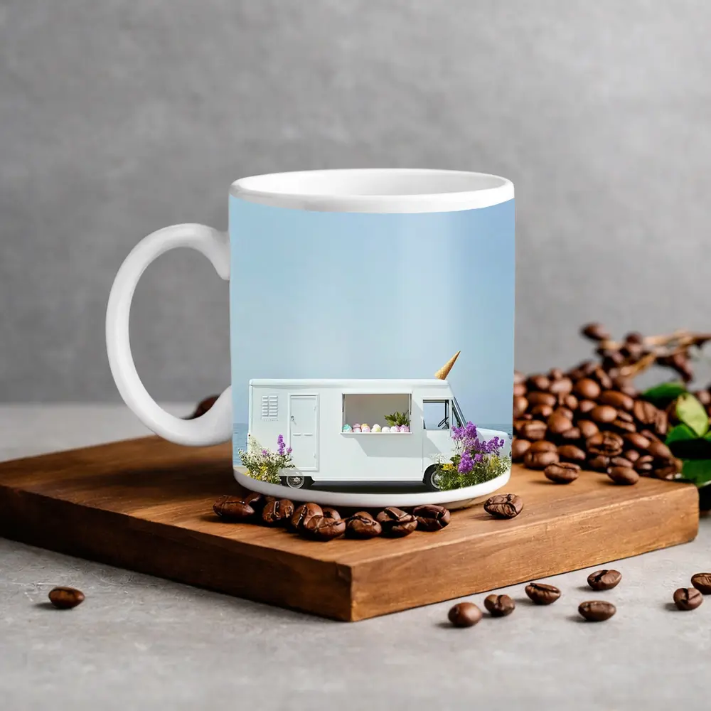 White Ice Cream Truck Beside Ocean Shore – Mugs
