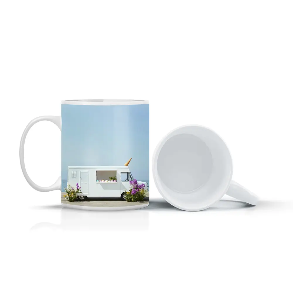 White Ice Cream Truck Beside Ocean Shore – Mugs