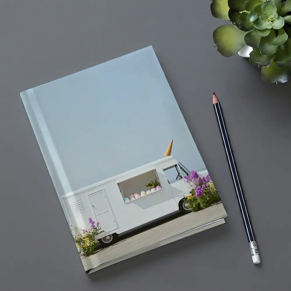 White Ice Cream Truck Beside Ocean Shore – Notebooks