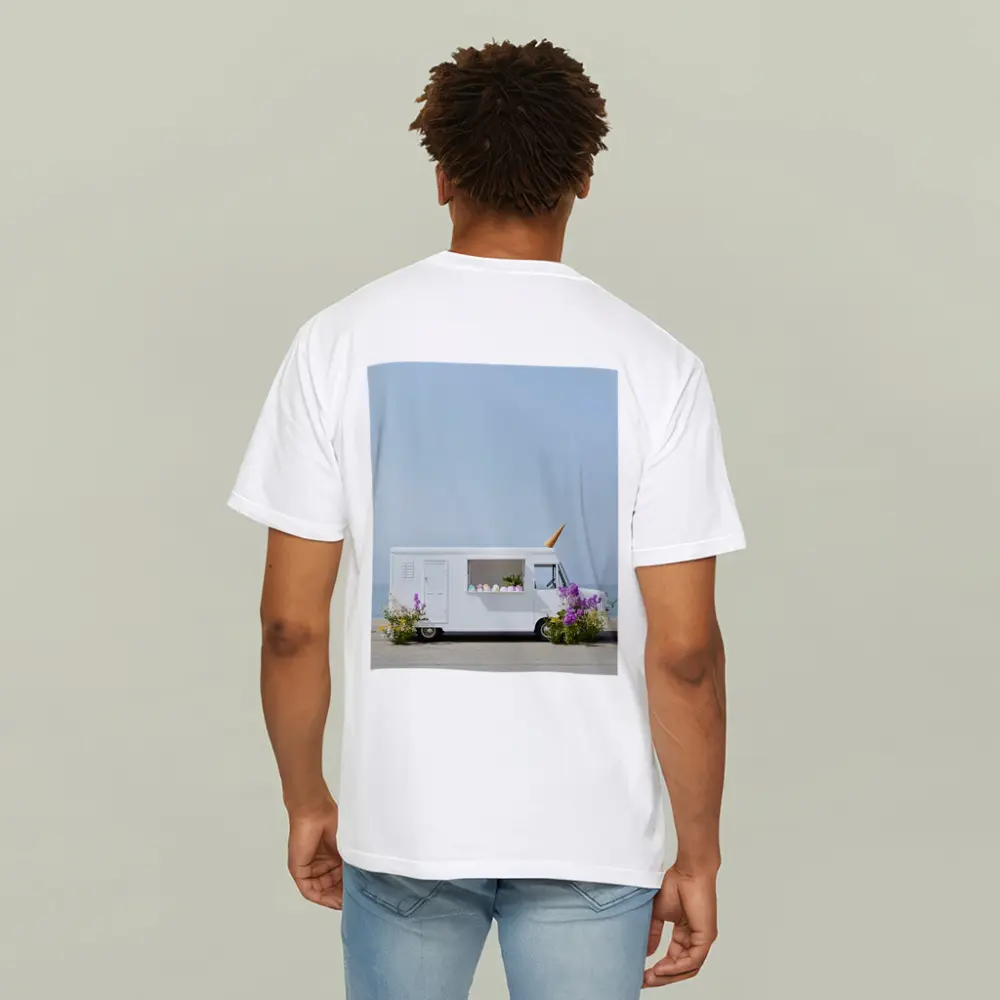White Ice Cream Truck Beside Ocean Shore – T-Shirts