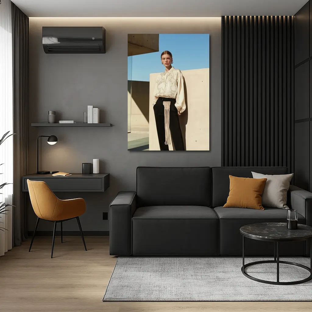 Cream Marble Blouse Black Trousers Minimal Architecture – Wall Art