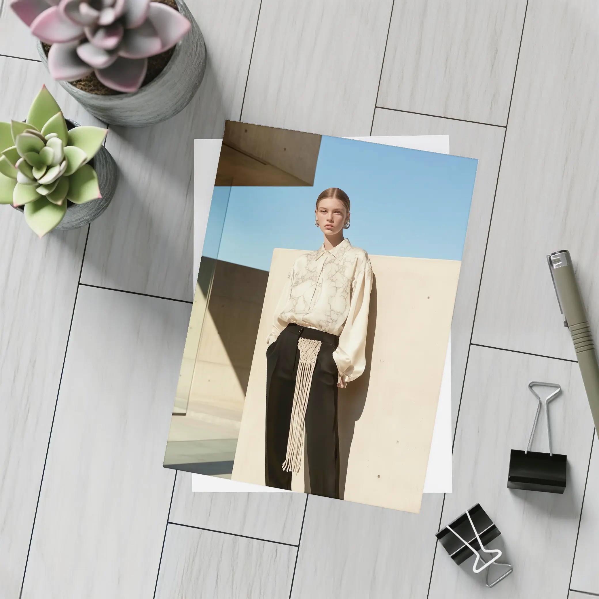 Cream Marble Blouse Black Trousers Minimal Architecture – Postcards