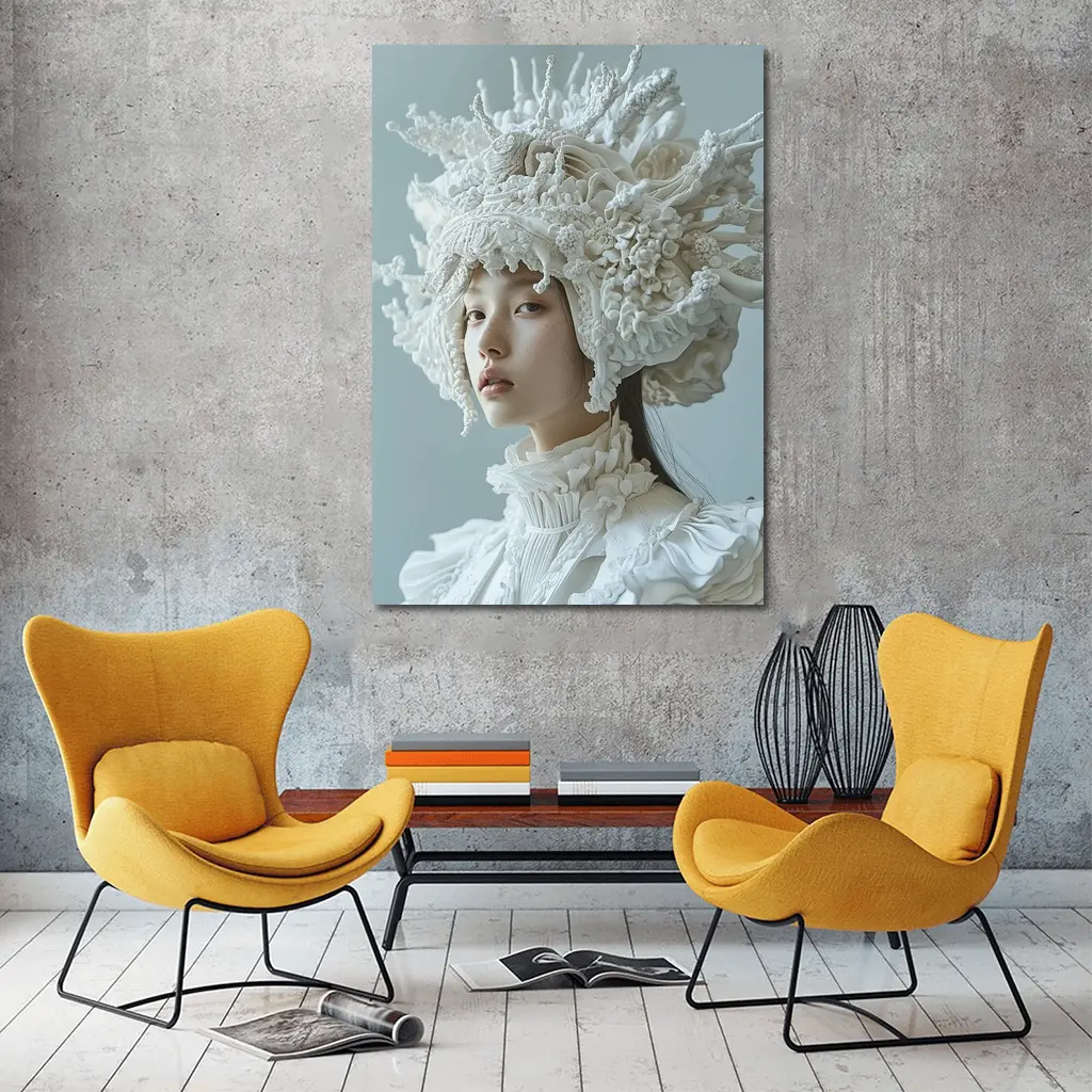 White Coral Headdress Woman Fashion Portrait – Wall Art