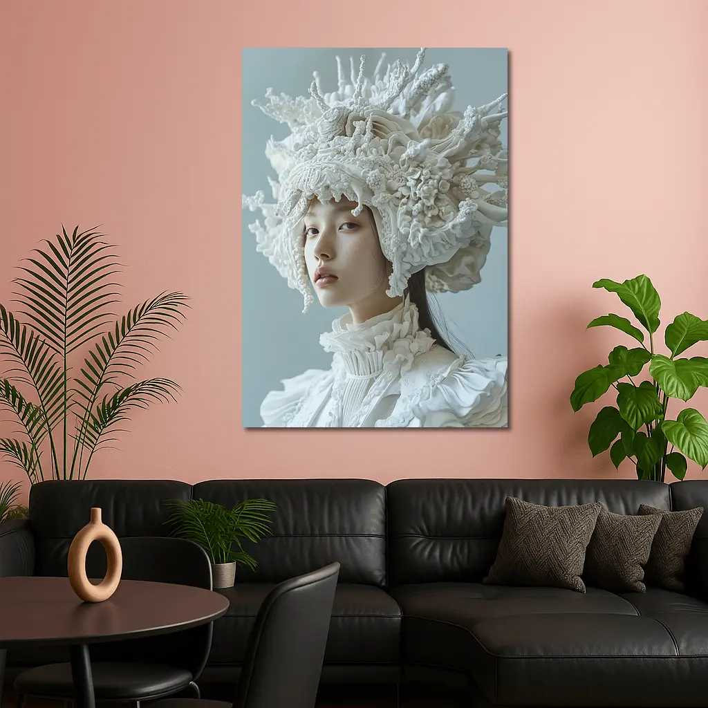 White Coral Headdress Woman Fashion Portrait – Wall Art