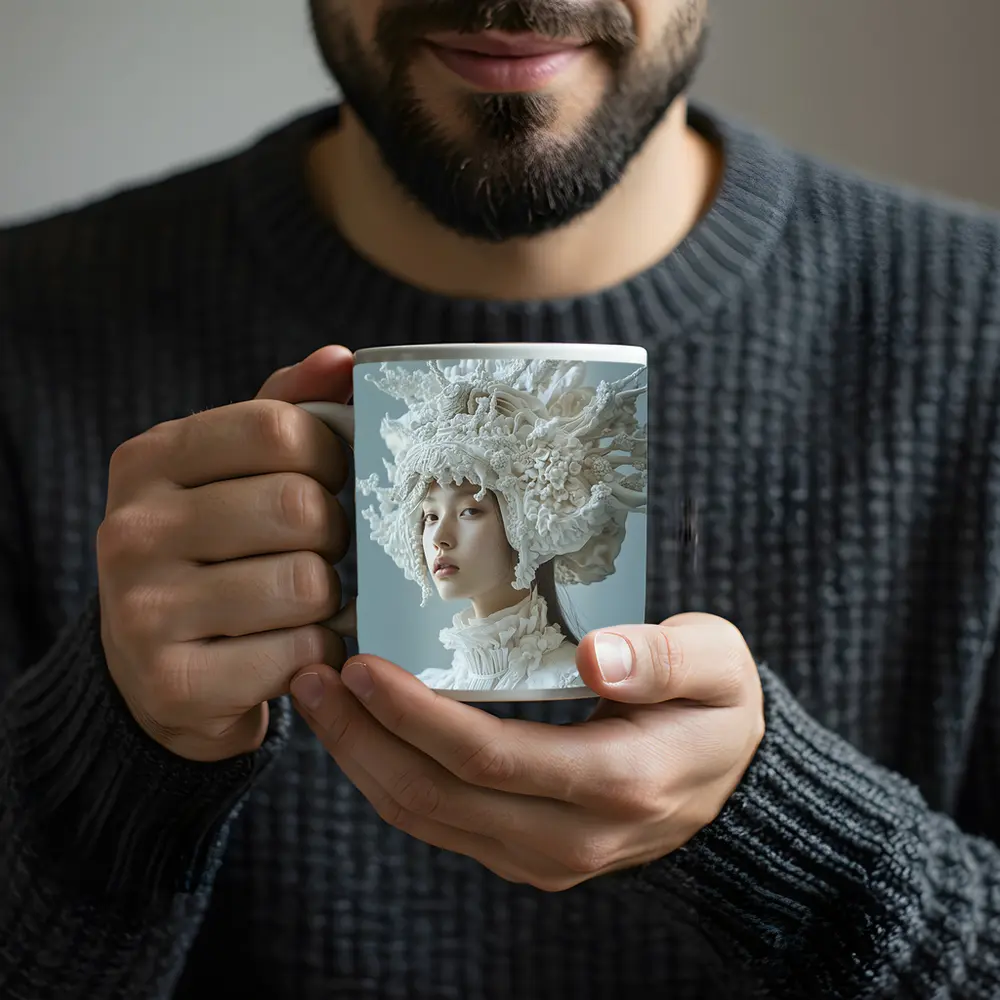 White Coral Headdress Woman Fashion Portrait – Mugs