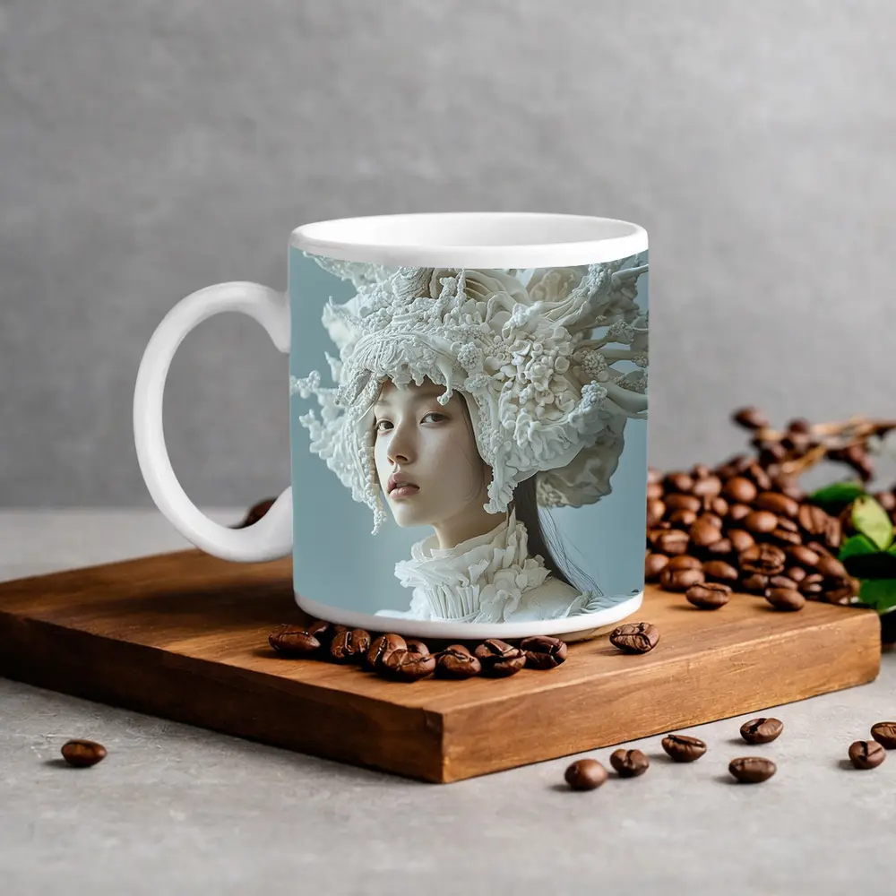 White Coral Headdress Woman Fashion Portrait – Mugs