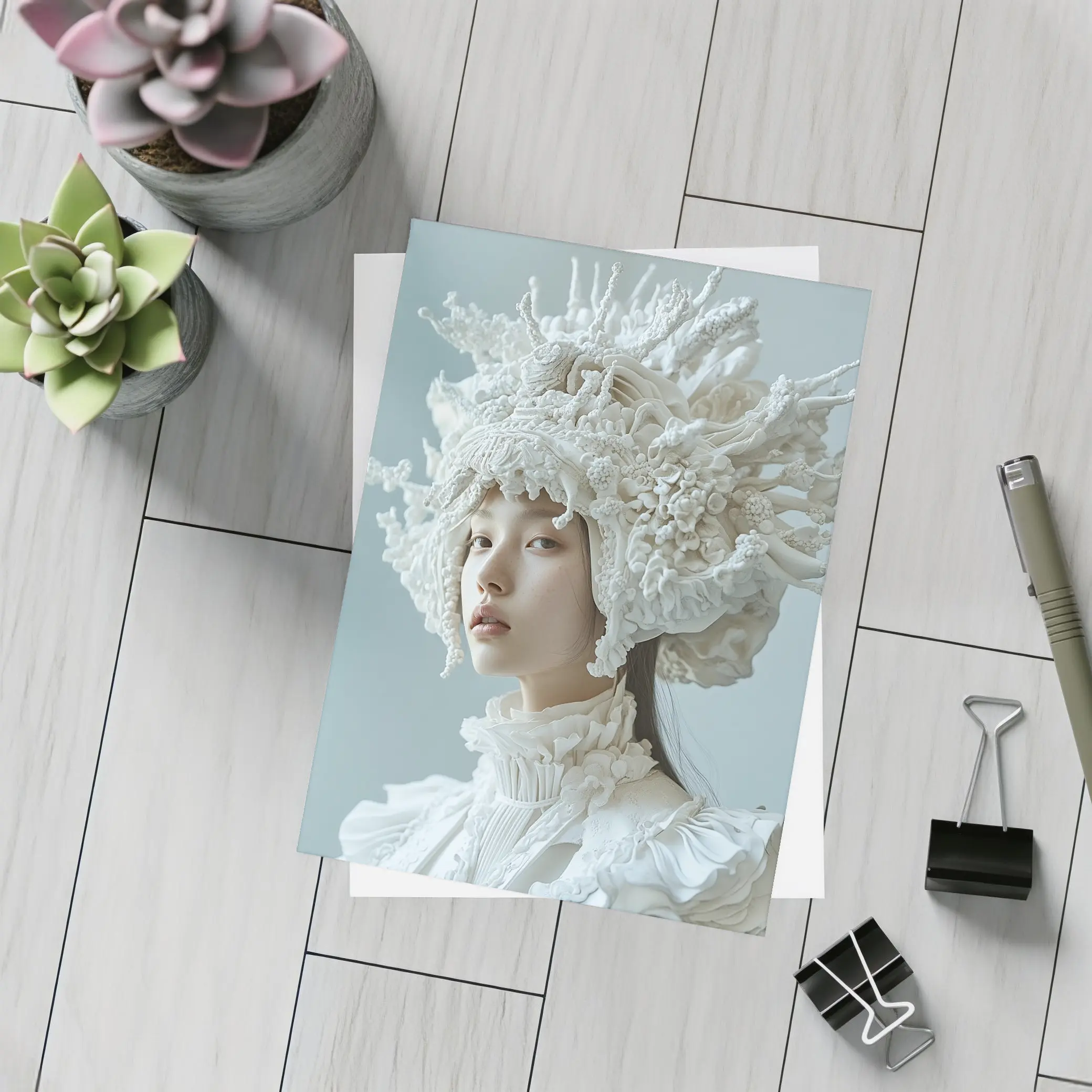 White Coral Headdress Woman Fashion Portrait – Postcards