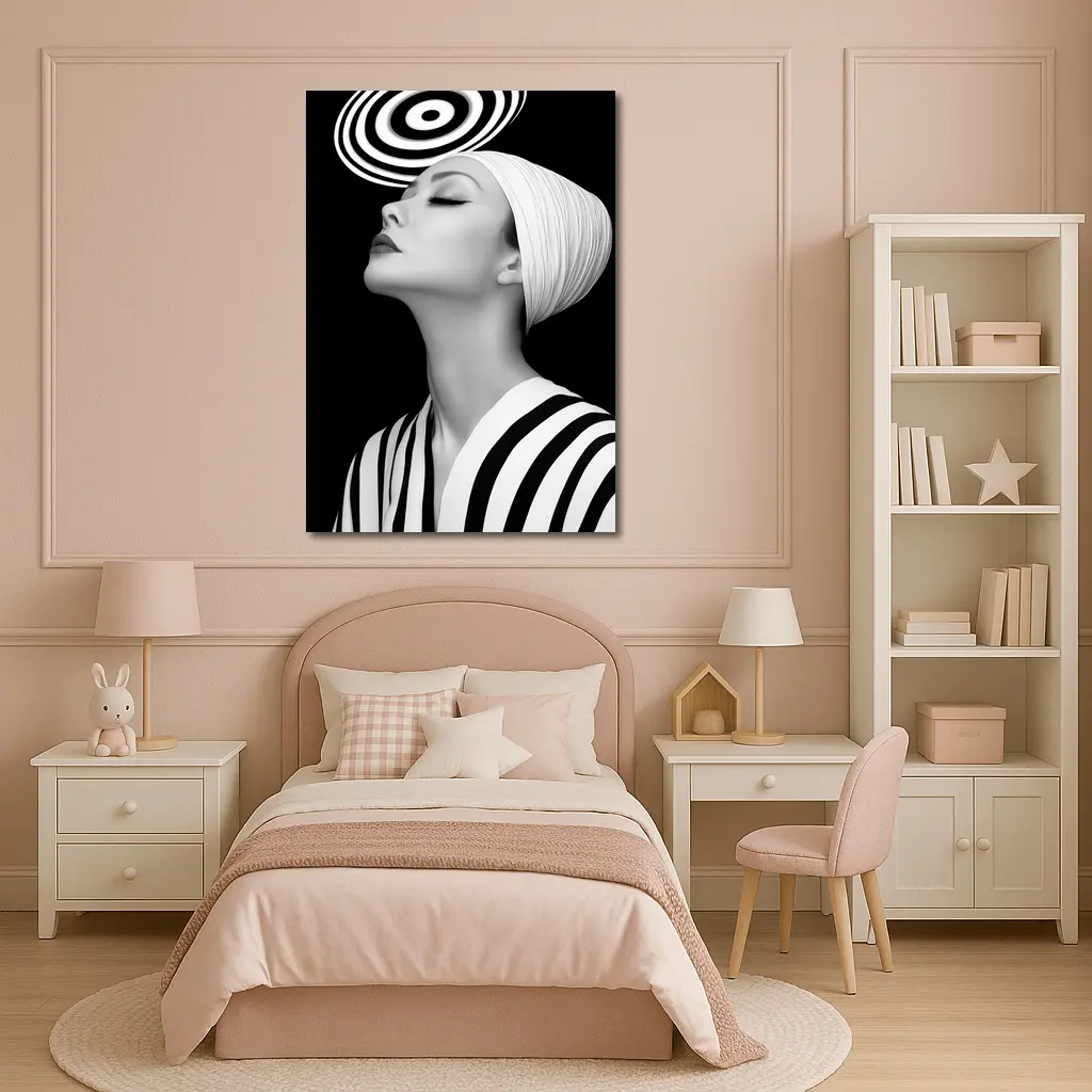 Black White Striped Woman Surreal Abstract Portrait – Wall Art