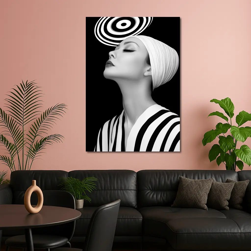 Black White Striped Woman Surreal Abstract Portrait – Wall Art