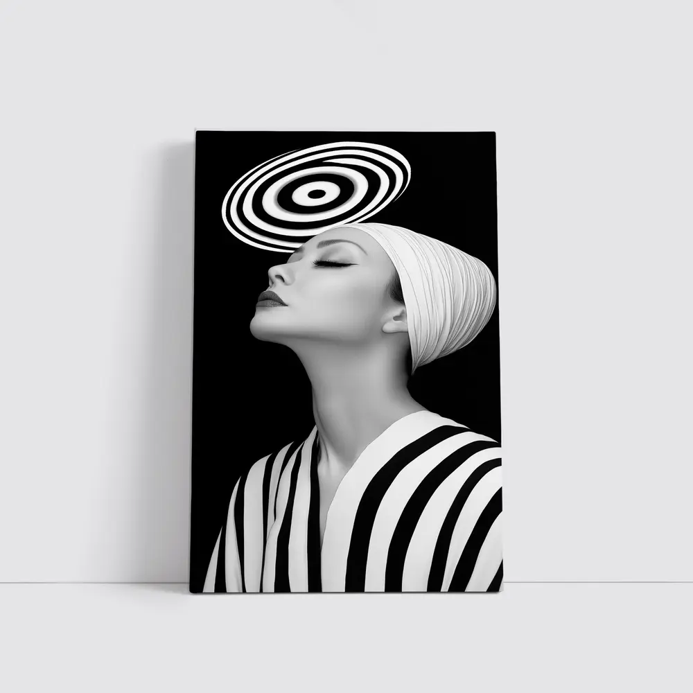 Black White Striped Woman Surreal Abstract Portrait – Wall Art