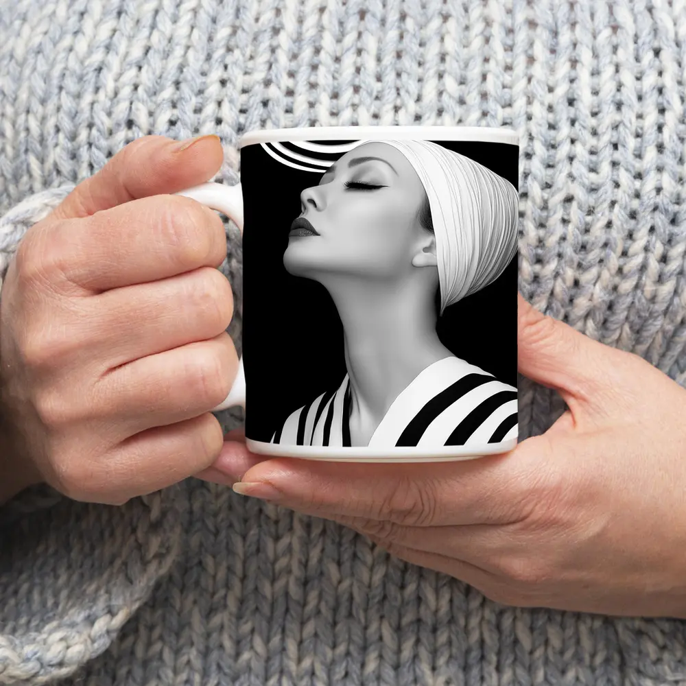 Black White Striped Woman Surreal Abstract Portrait – Mugs
