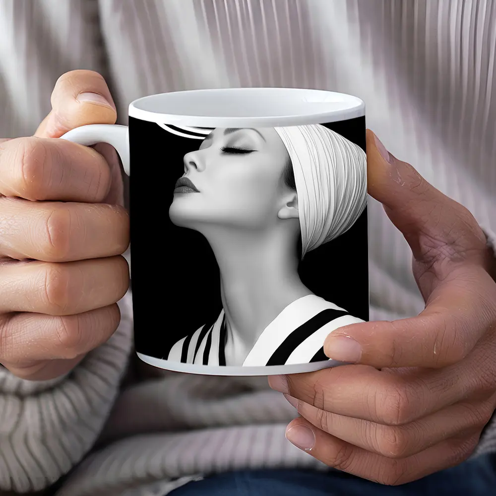 Black White Striped Woman Surreal Abstract Portrait – Mugs