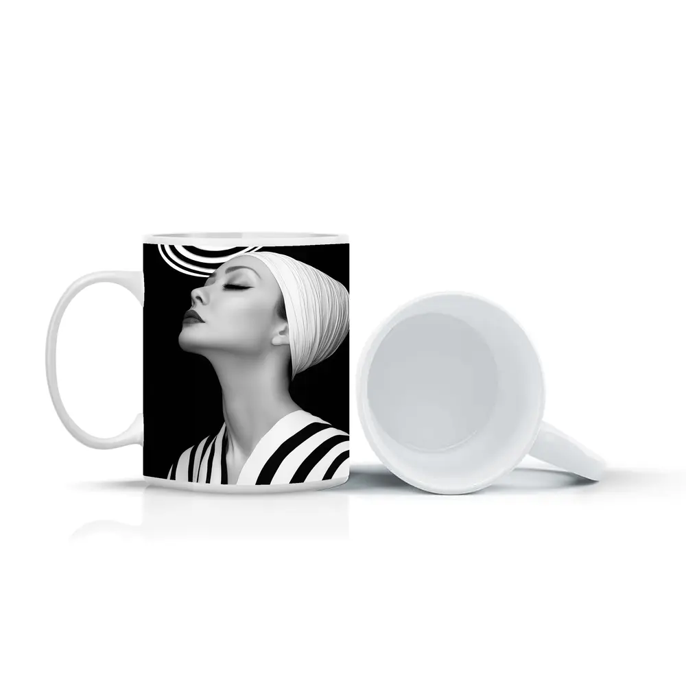 Black White Striped Woman Surreal Abstract Portrait – Mugs