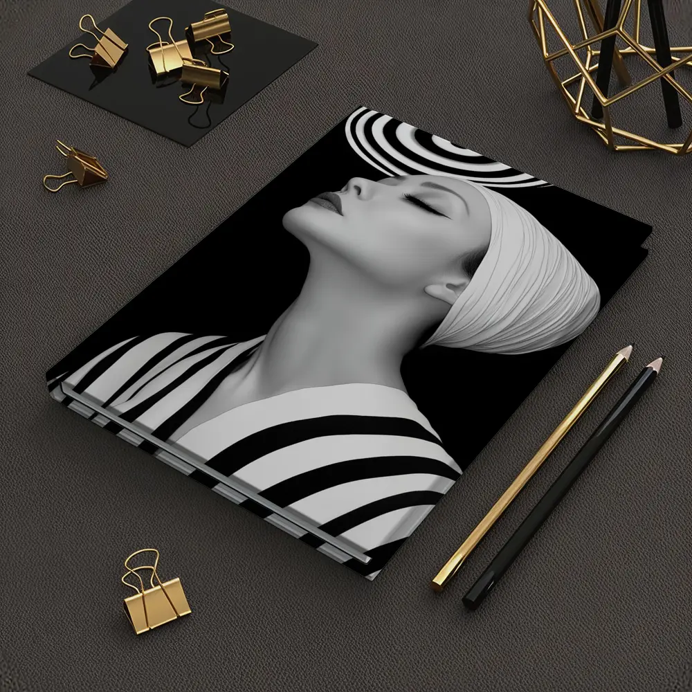 Black White Striped Woman Surreal Abstract Portrait – Notebooks