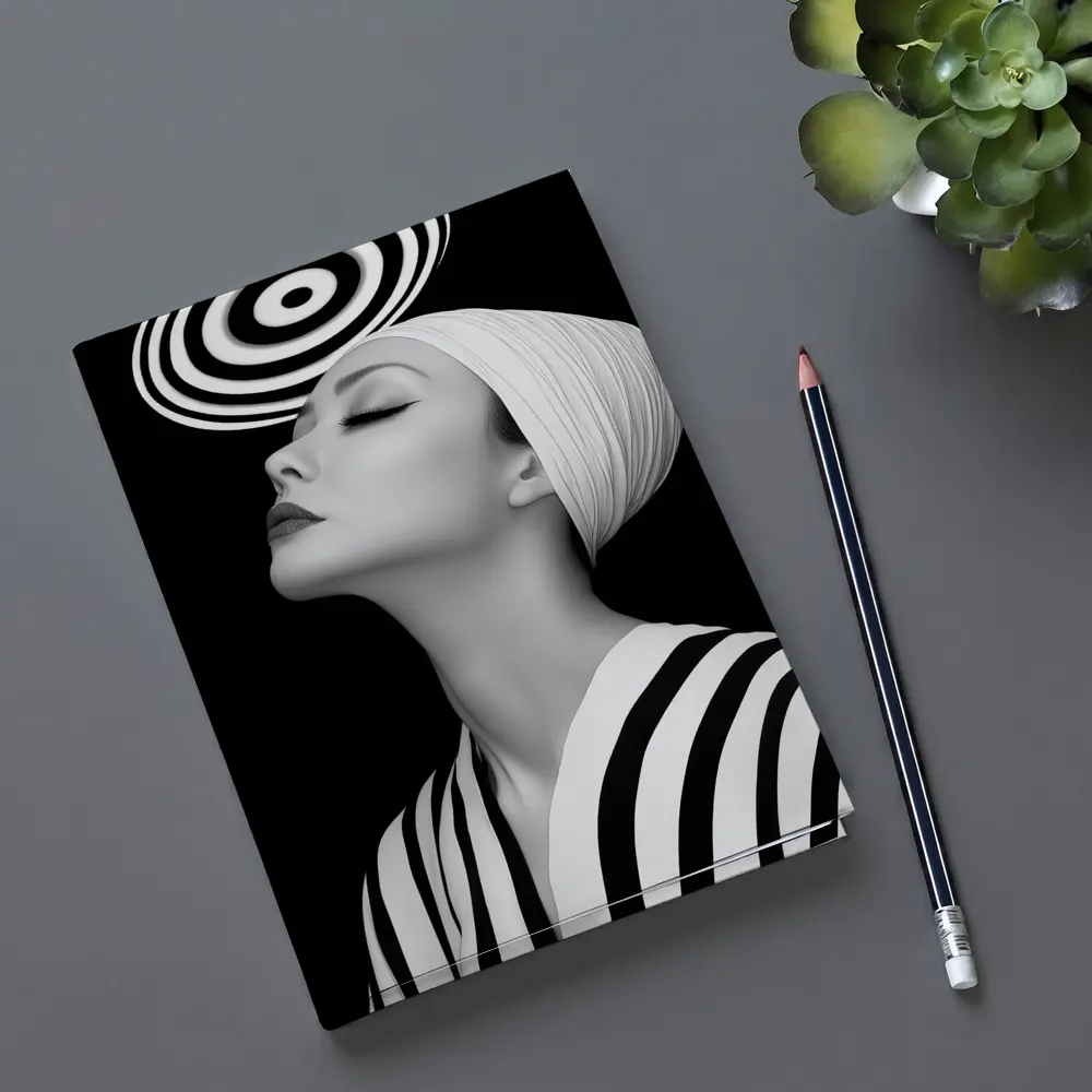 Black White Striped Woman Surreal Abstract Portrait – Notebooks