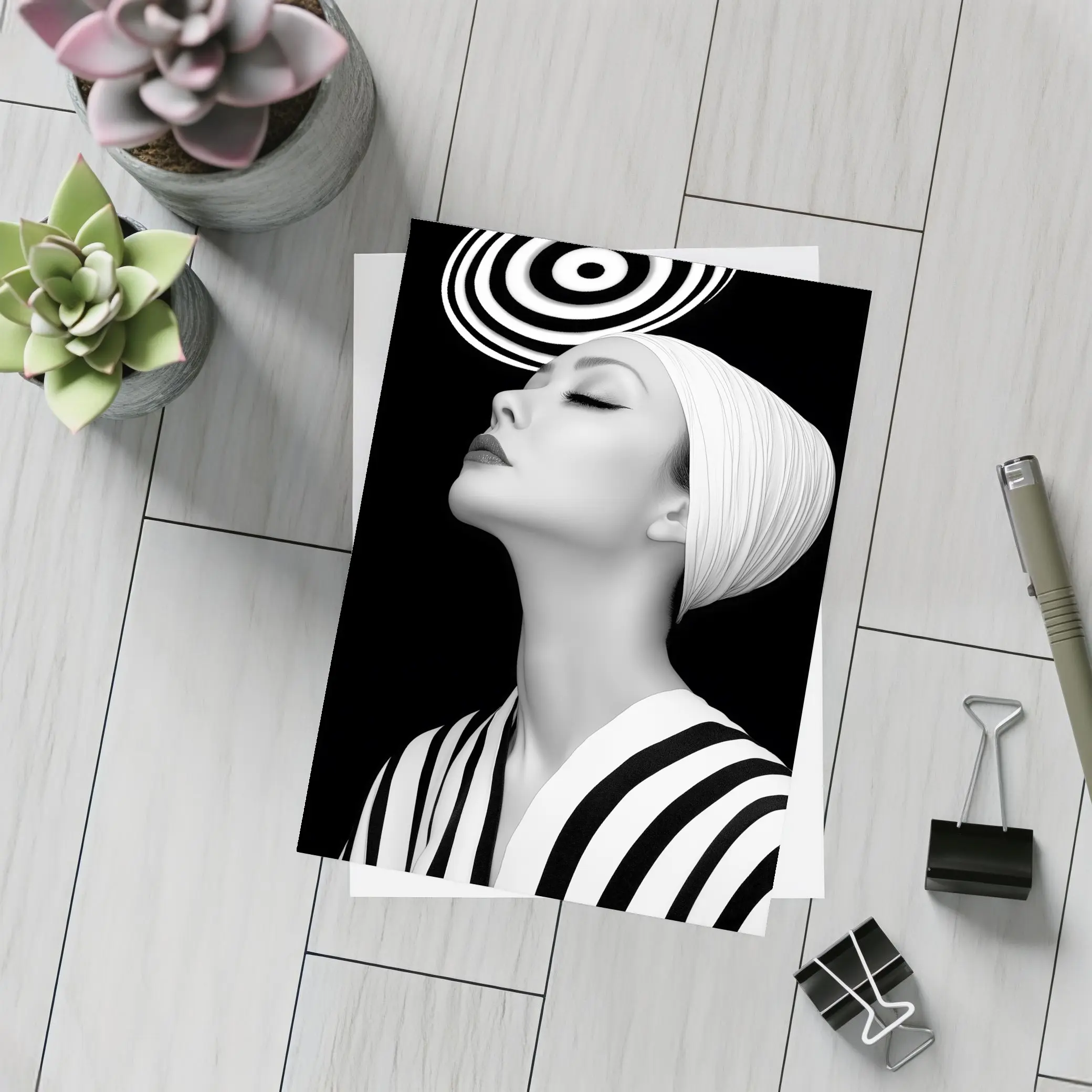 Black White Striped Woman Surreal Abstract Portrait – Postcards