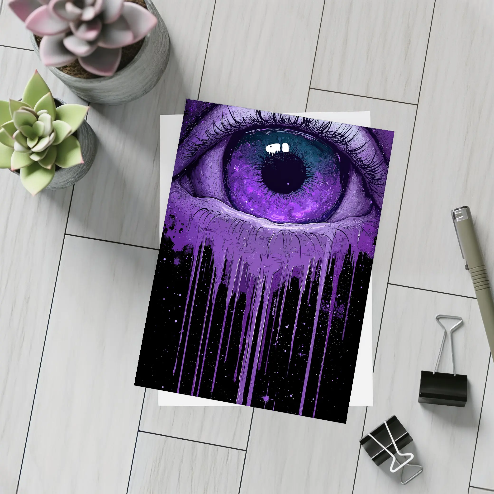 Purple Cosmic Eye Dripping On Black – Postcards