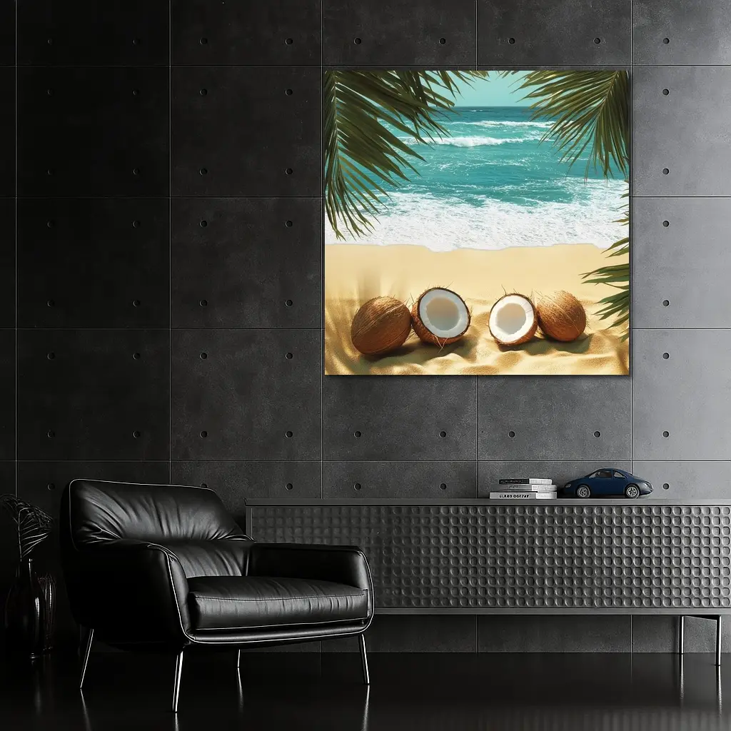 Coconuts On Tropical Beach With Palm Leaves – Wall Art