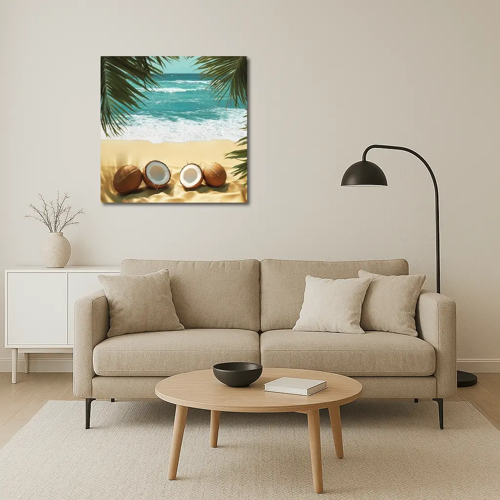Coconuts On Tropical Beach With Palm Leaves – Wall Art