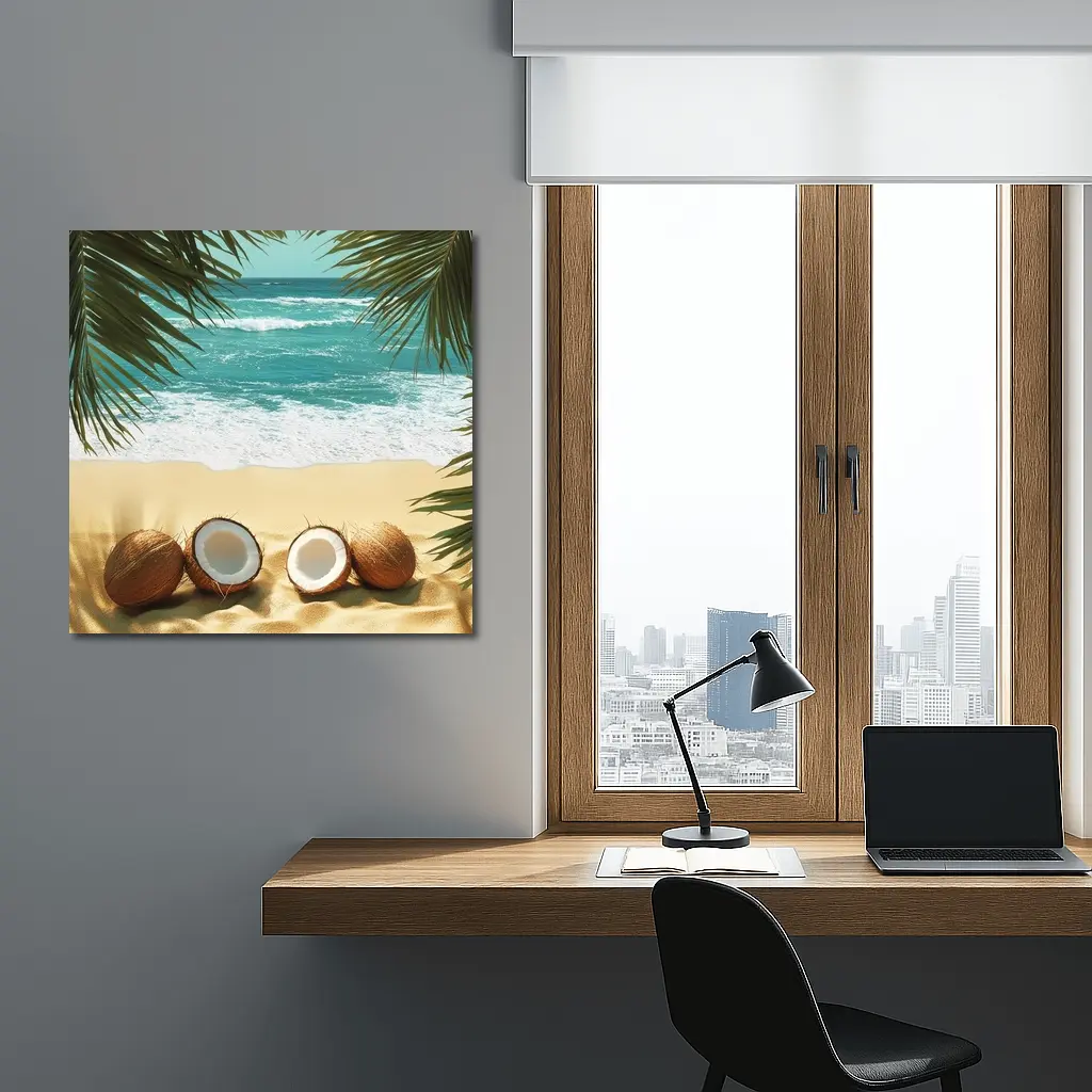 Coconuts On Tropical Beach With Palm Leaves – Wall Art