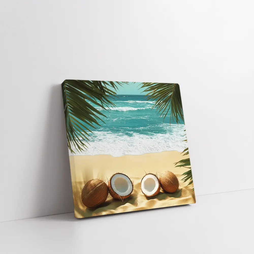 Coconuts On Tropical Beach With Palm Leaves – Wall Art