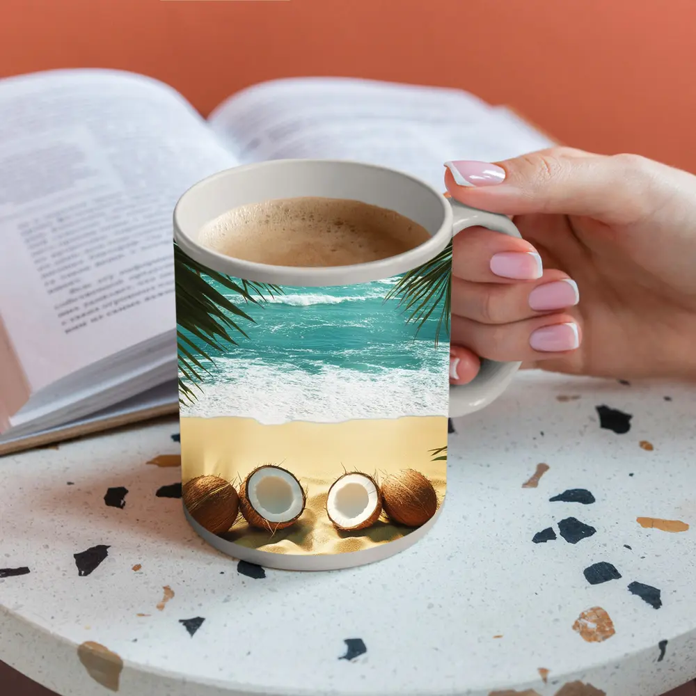 Coconuts On Tropical Beach With Palm Leaves – Mugs