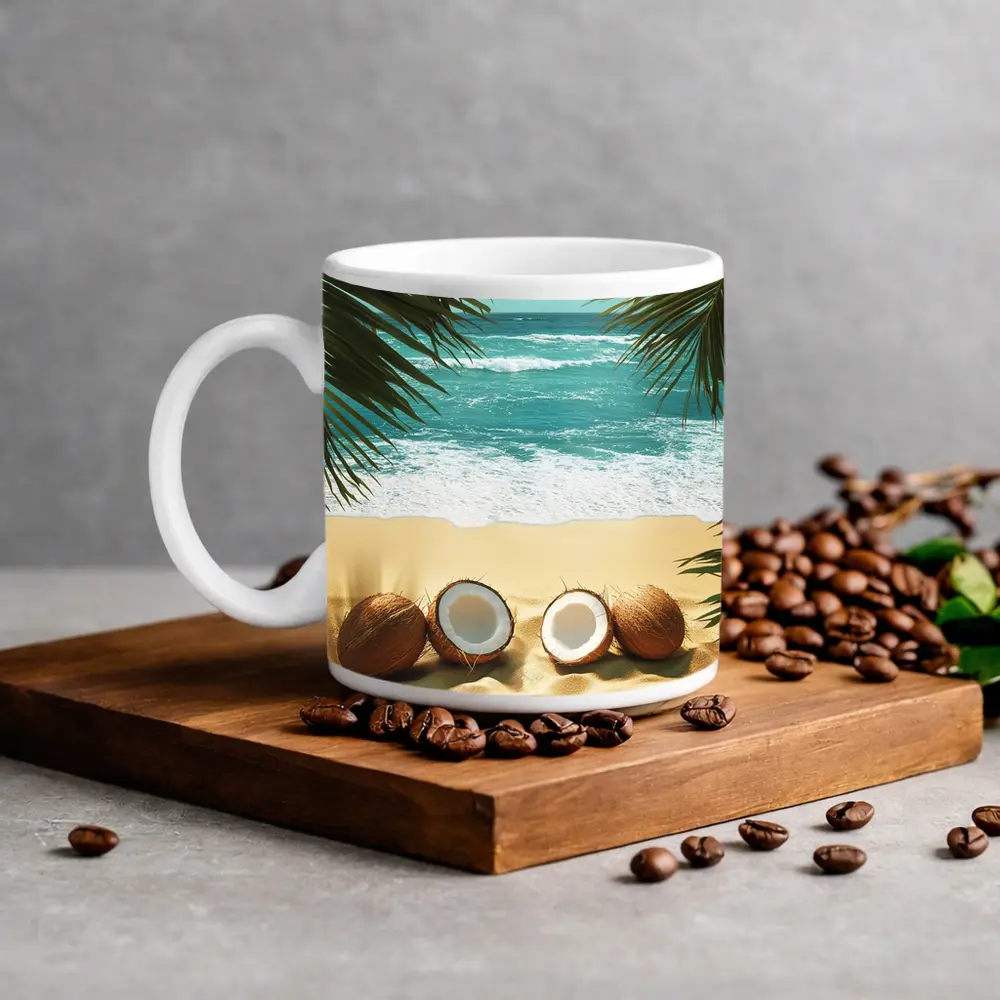 Coconuts On Tropical Beach With Palm Leaves – Mugs
