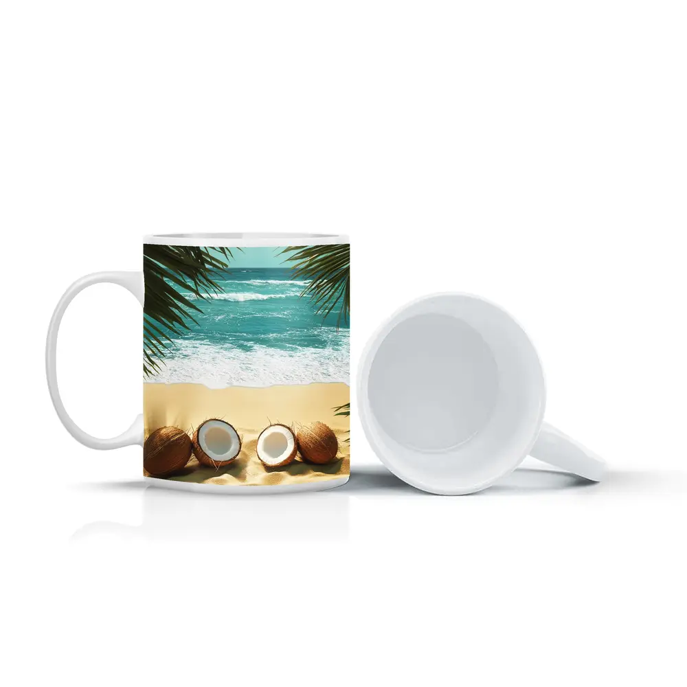 Coconuts On Tropical Beach With Palm Leaves – Mugs