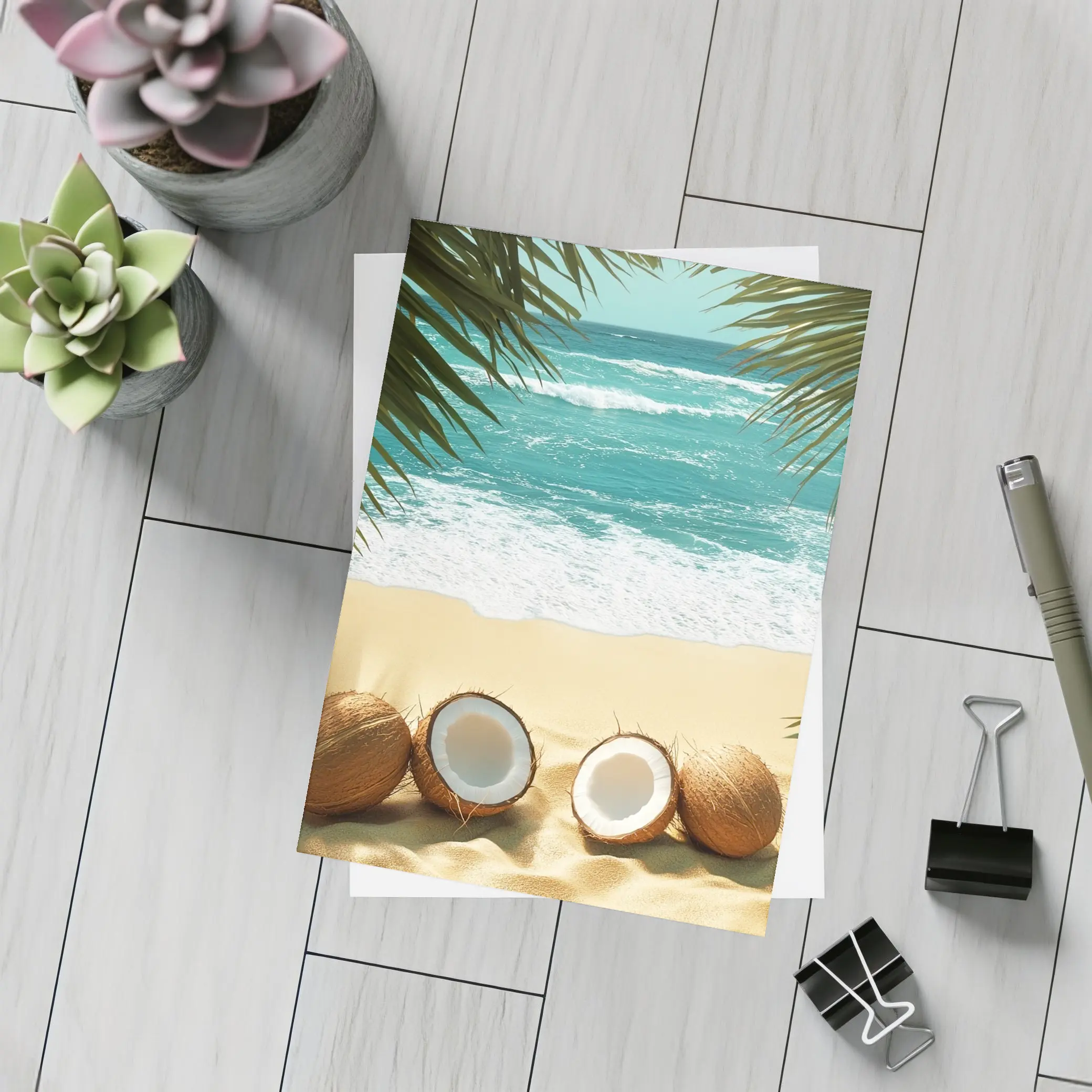 Coconuts On Tropical Beach With Palm Leaves – Postcards