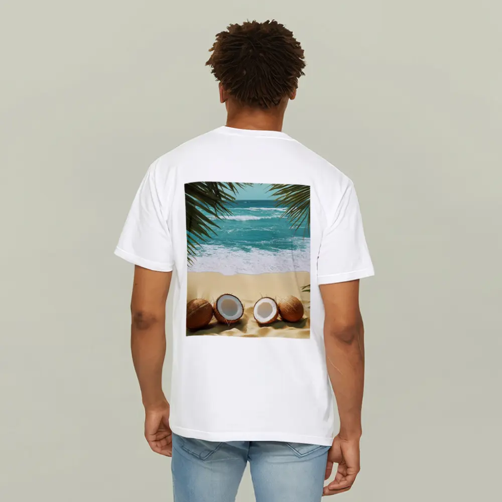 Coconuts On Tropical Beach With Palm Leaves – T-Shirts