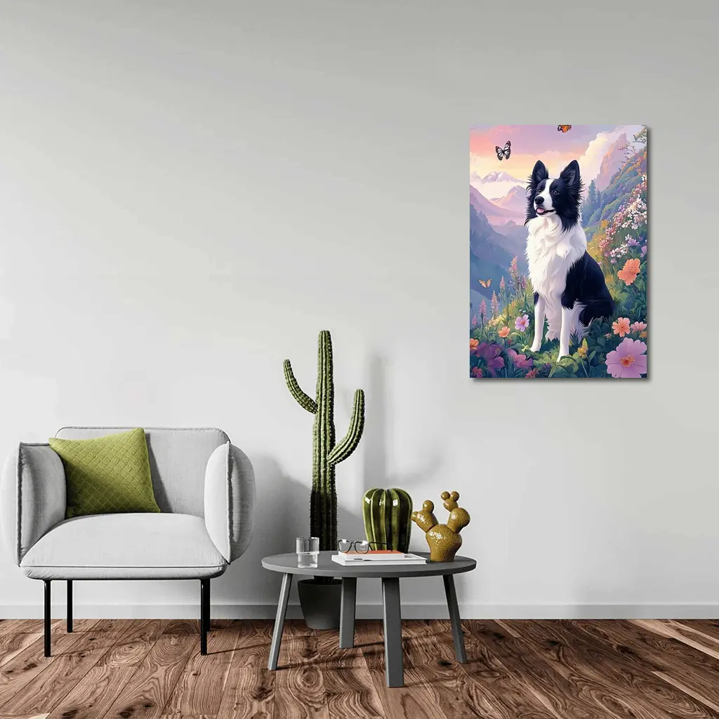 Border Collie Dog Floral Mountain Landscape Art – Wall Art