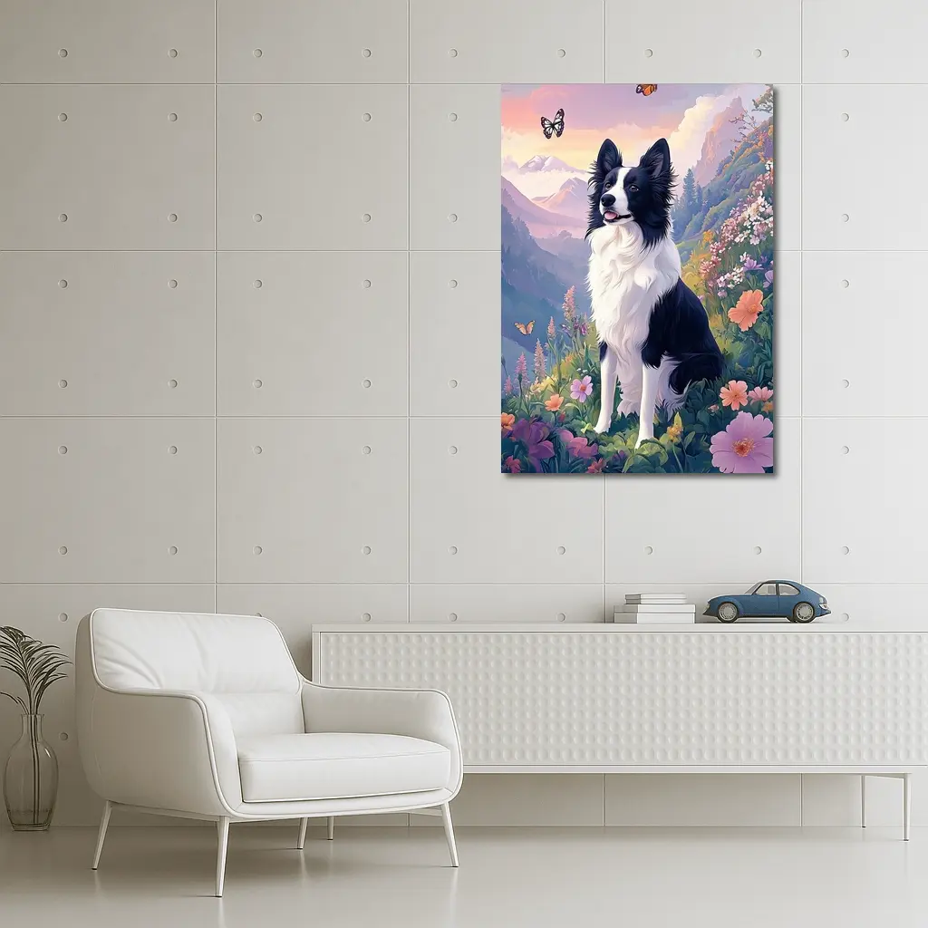 Border Collie Dog Floral Mountain Landscape Art – Wall Art