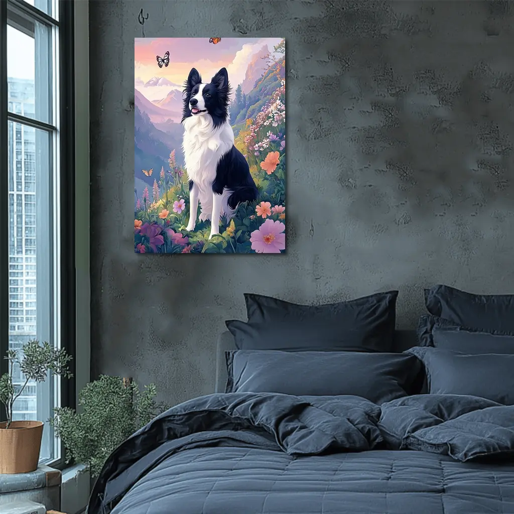 Border Collie Dog Floral Mountain Landscape Art – Wall Art
