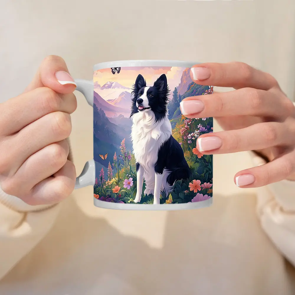 Border Collie Dog Floral Mountain Landscape Art – Mugs