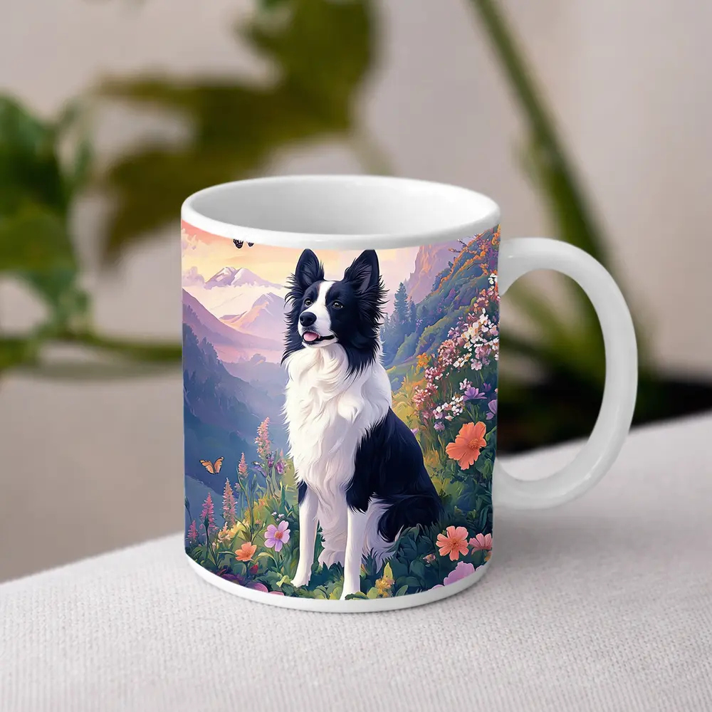 Border Collie Dog Floral Mountain Landscape Art – Mugs