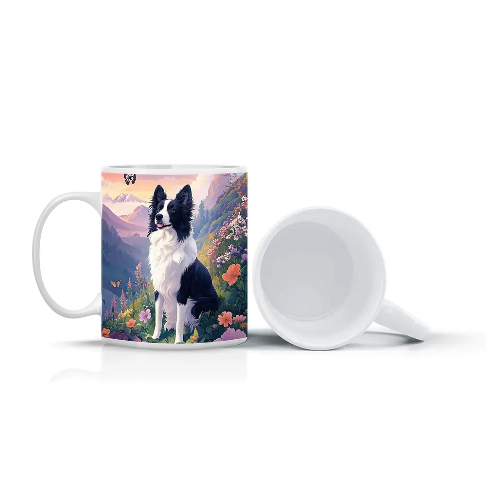 Border Collie Dog Floral Mountain Landscape Art – Mugs