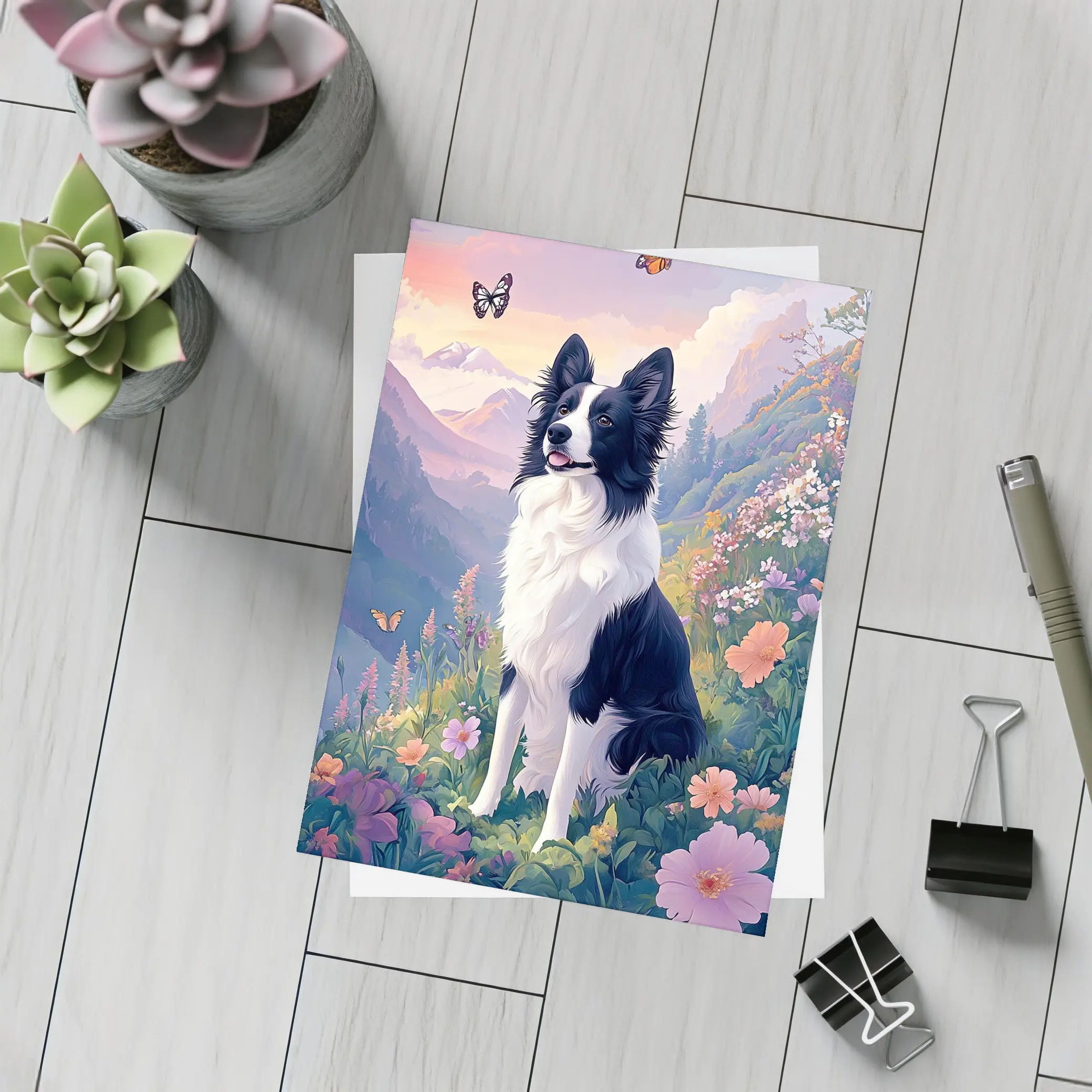 Border Collie Dog Floral Mountain Landscape Art – Postcards