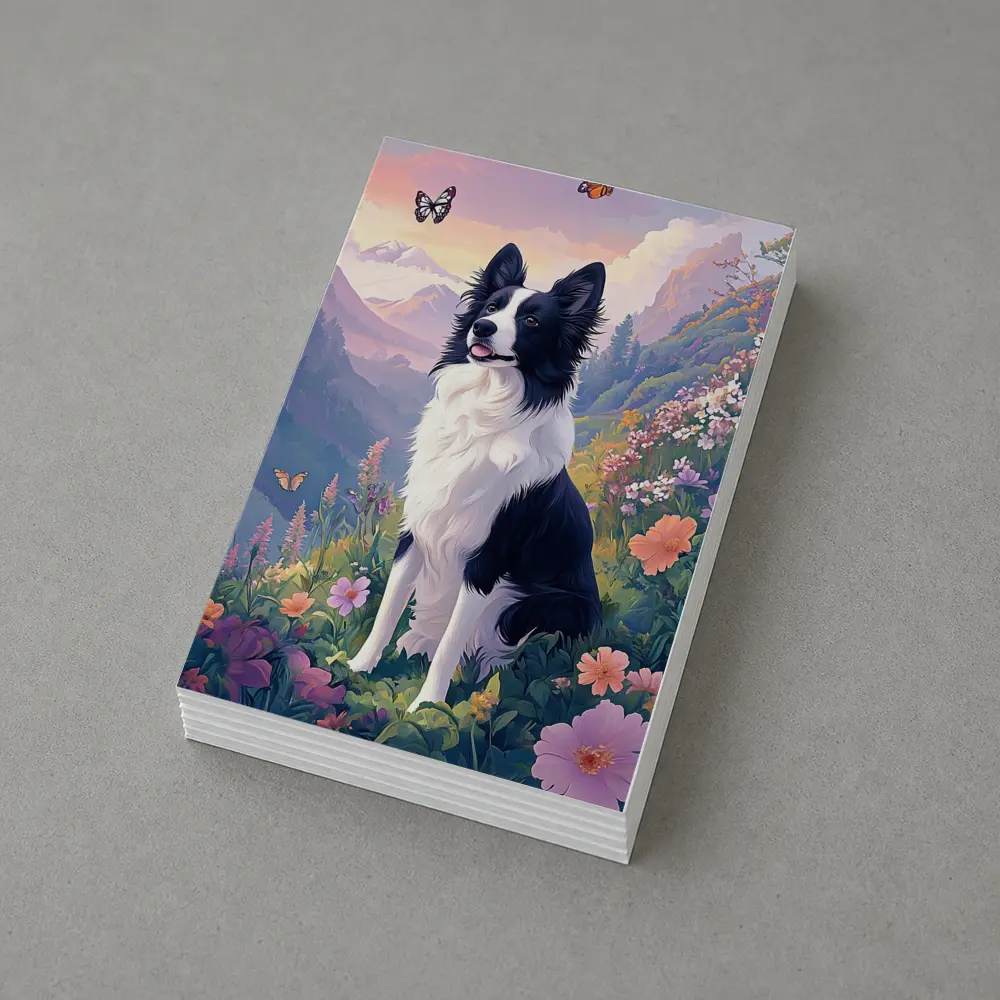Border Collie Dog Floral Mountain Landscape Art – Postcards
