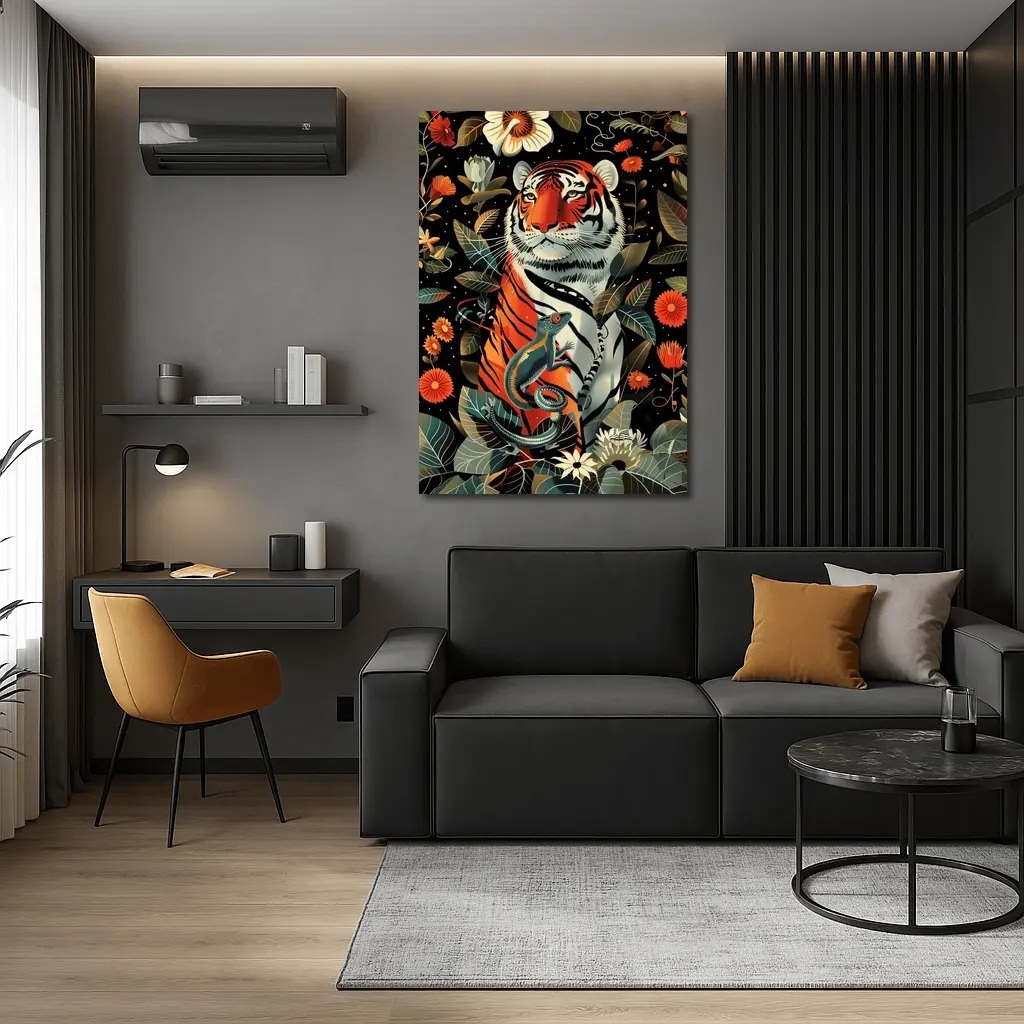 Tiger And Lizard Floral Dark Botanical Art – Wall Art