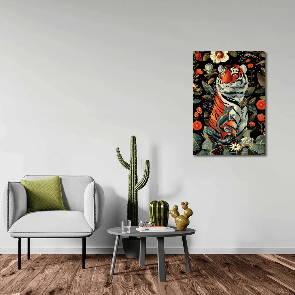 Tiger And Lizard Floral Dark Botanical Art – Wall Art