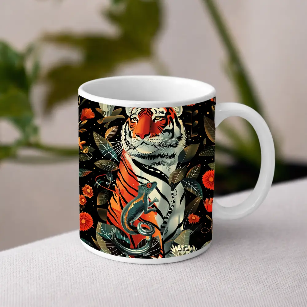Tiger And Lizard Floral Dark Botanical Art – Mugs