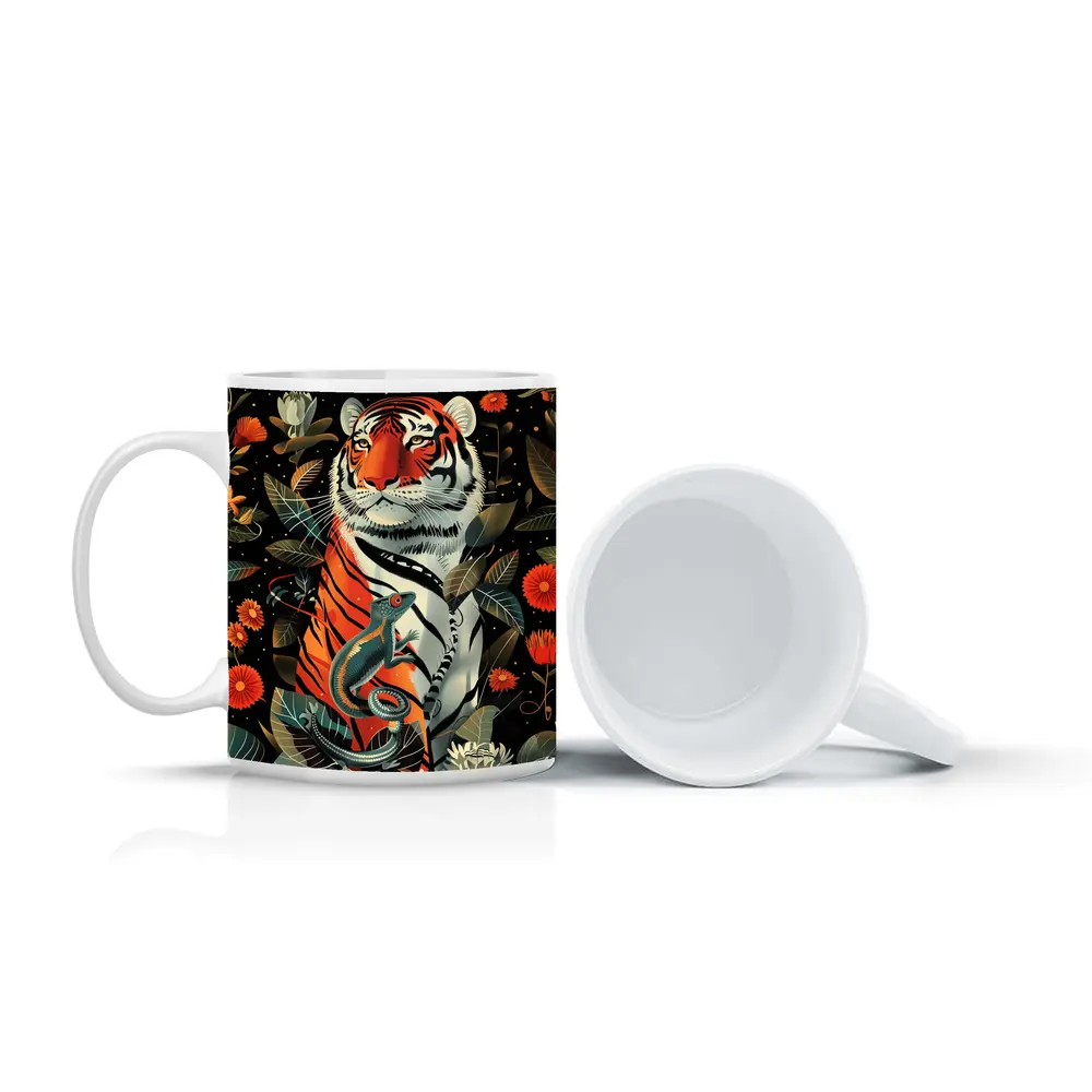 Tiger And Lizard Floral Dark Botanical Art – Mugs