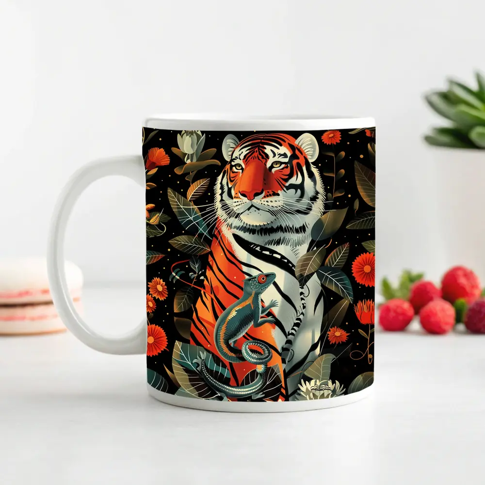Tiger And Lizard Floral Dark Botanical Art – Mugs